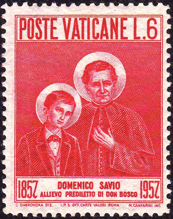 Saint Dominique Savio et son matre saint Jean Bosco. (Timbre-poste mis pour le centenaire de la naissance au Ciel de S. Dominique)