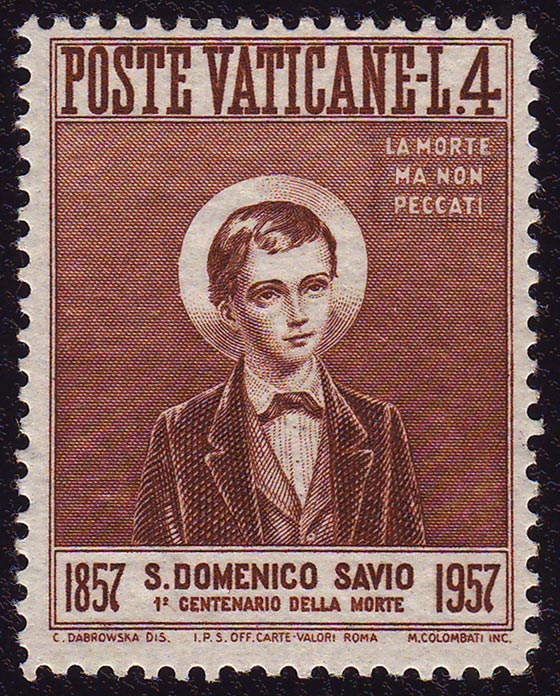 Saint Dominique Savio avec sa devise. (Timbre-poste émis pour le centenaire de la naissance au Ciel de S. Dominique)
