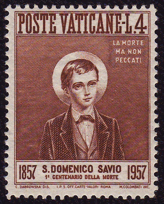 Saint Dominique Savio avec sa devise. (Timbre-poste mis pour le centenaire de la naissance au Ciel de S. Dominique)