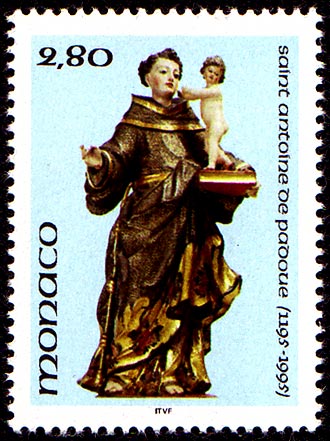 Timbre-poste mis par la Principaut de Monaco en 1995pour le huitime centenaire de la naissance de saint Antoine.