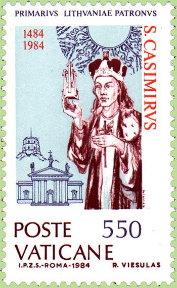 Saint Casimir, patron principal de la Lituanie, dvot au Saint-Sacrement(ostensoir au-dessus de sa tte) et  la Passion de Notre Seigneur(Calvaire en sa main droite et Croix dans la gauche).