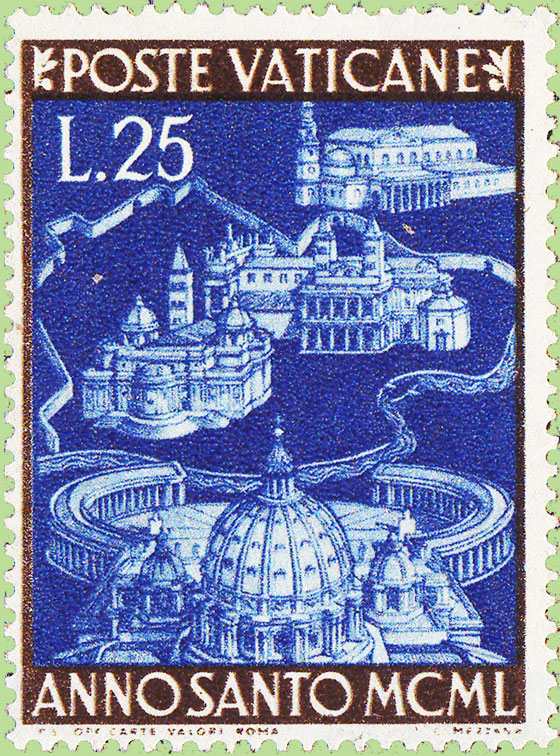 Timbre-poste émis par le Vatican en 1950 pour l’Année sainte. Deuxième valeur d’une série de deux du même motif.