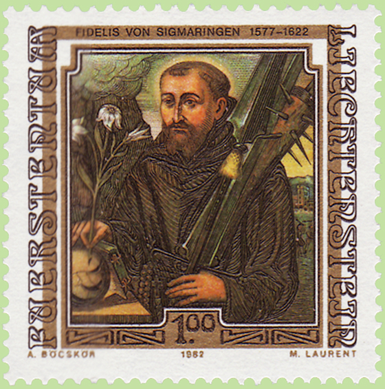 Saint Fidle de Sigmaringen (1577 - 1622). Timbre-poste mis par la Principaut du Liechtenstein (1982)