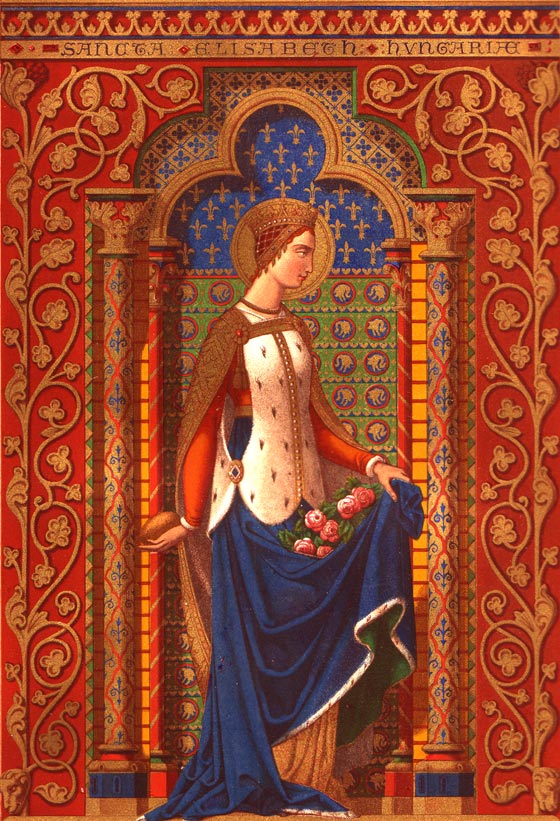  Sancta Elisabeth Hungari  sainte lisabeth de Hongrie.  Dans son manteau : les pains transforms en roses,  et pour reprsenter le miracle, dans la main, derrire son dos, un des pains destins aux pauvres.