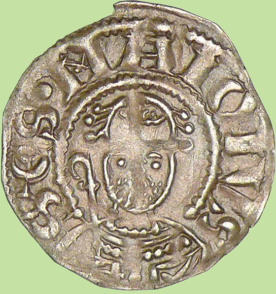 Avers du denier avec le portrait de saint Mayeul coiff de la mitre et tenant sa crosse abbatiale.  SCS (sanctus) MAIOLVS : saint Mayeul.
