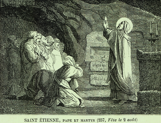 Saint tienne Ier, clbrant les saints Mystres dans les catacombes.