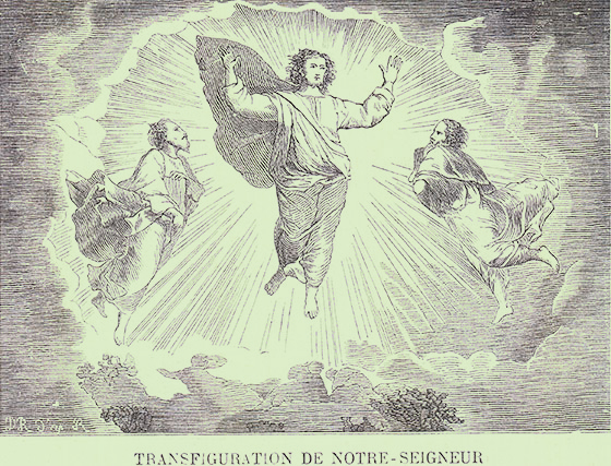 La Transfiguration de Notre-Seigneur, avec,  Sa doite, Mose, qui tient un livre, et lie,  Sa gauche.