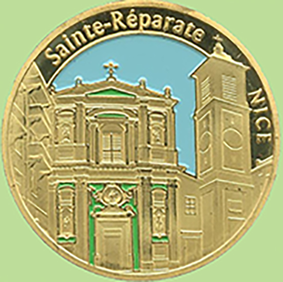 Mdaille reprsentant la faade de la Cathdrale de Nicedont sainte Rparate est la titulaire et patronne de la ville et du diocse de Nice