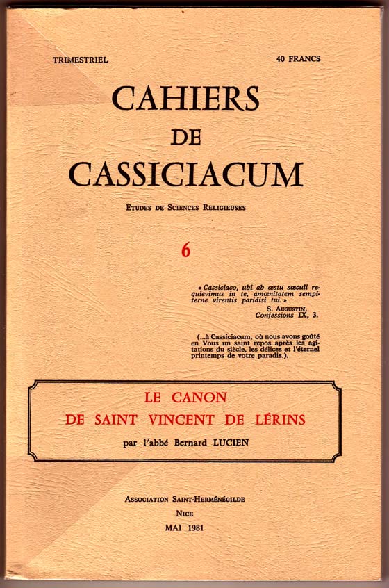 Couverture du N° 6 des « Cahiers de Cassiciacum » toujours disponibles à nos bureaux.
