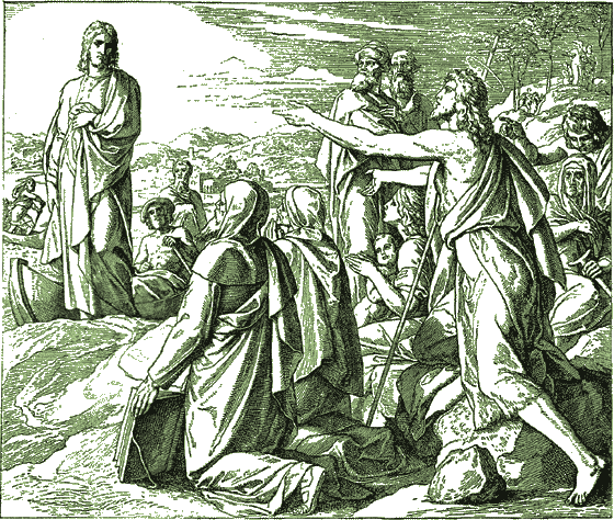 Saint Jean-Baptiste dsignant Jsus :  Ecce Agnus Dei, ecce qui tollit peccatum mundi, voici l