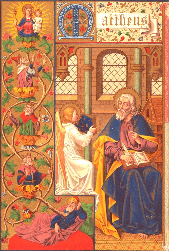 Saint Matthieu, premier des quatre vanglistes, et reprsentation (raccourcie) de la vision de l