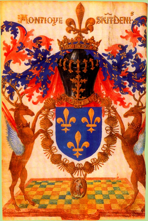 cu de France aux trois fleurs de lys adopt  partir du rgne de Charles V (en remplacement des fleurs de lys sans nombre en usage prcdemment) entour du collier de l