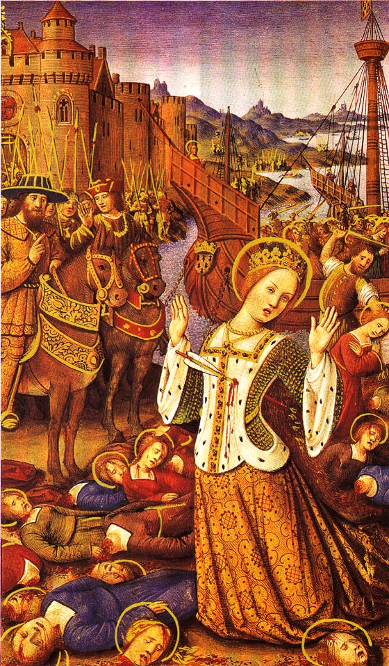 Sainte Ursule et ses Compagnes, martyres. Les soldats huns sont habillés comme ceux du temps des contemporains du peintre.