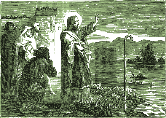 Saint Grgoire plante son bton sur la rive du Lycus et ordonne aux eaux, de la part de Dieu, de ne pas franchir cette borne. Le bton prendra racine et deviendra un arbre, et les inondations cesseront.