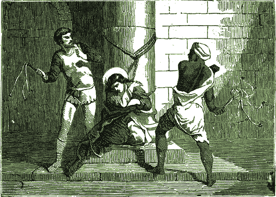 Sainte Bibiane attachée à une colonne, et les bourreaux, avec des fouets armés de pointes de fer, s’acharnant sur son corps innocent.