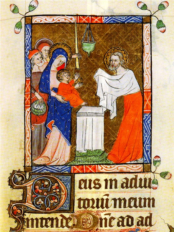 Crmonie liturgique clbre par le vieillard Simon, en arrire-plan la prophtesse Anne. Seul, curieusement, saint Joseph qui porte les tourterelles du sacrifice, est sans aurole ! Anachronique, car symbolique, le Cierge de la Chandeleur.