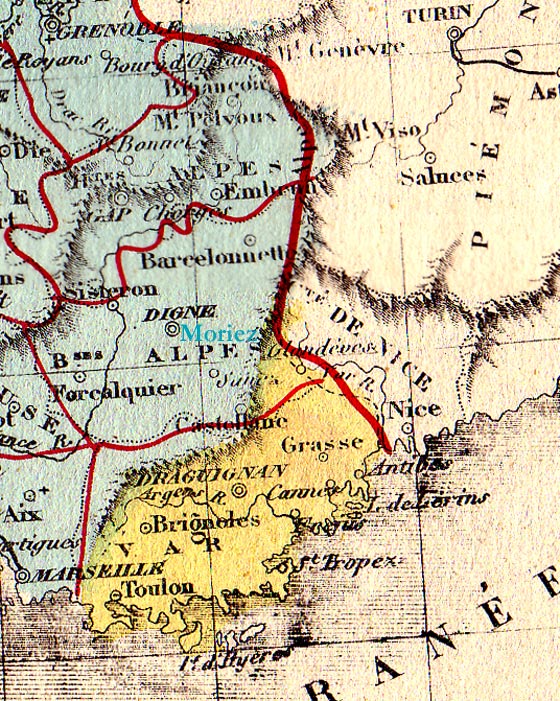 Carte des Alpes provençales vers 1852. Les tracés rouges soulignent grossièrement les limites (en pointillés) des départements.